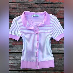 Zara Pink and White Striped Cardigan size M